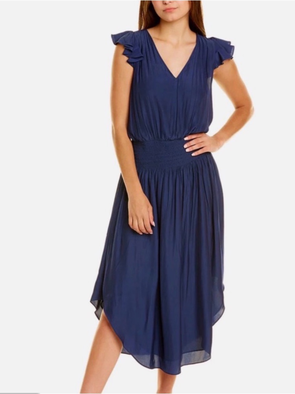 Ramy Brook New York Reina Blue Smocked Midi Dress Size Medium Preppy Chic Ruffle